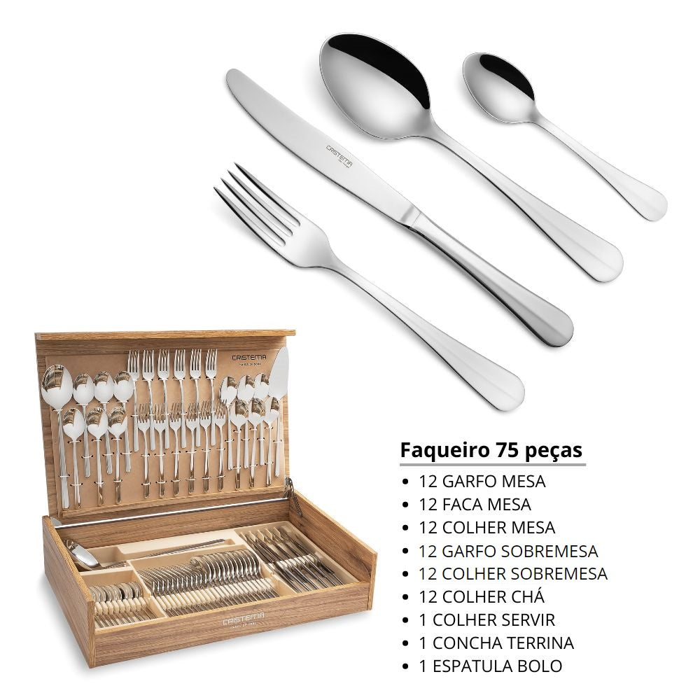 Faqueiro 75 peças inox Cristema Baguete