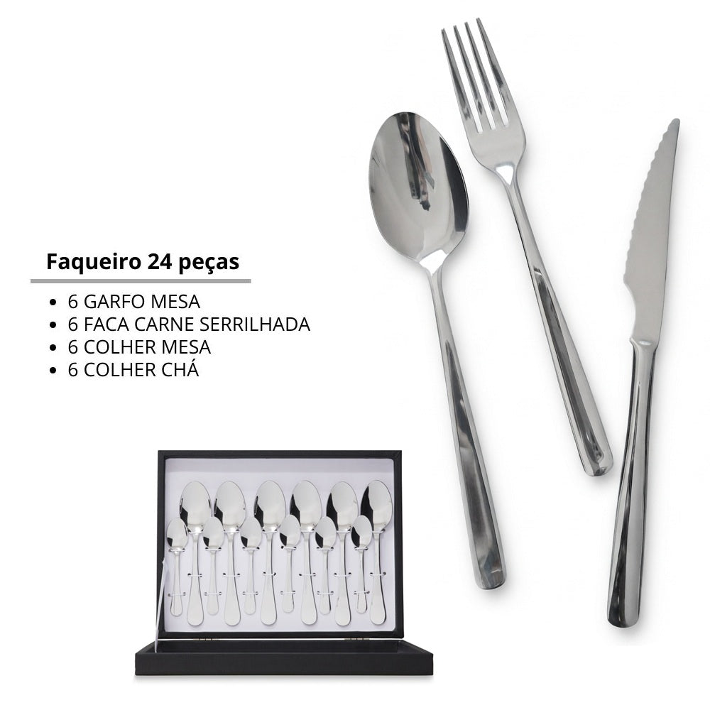 Faqueiro inox 24 peças faca de serra Stuttgart - Cristema Nefer