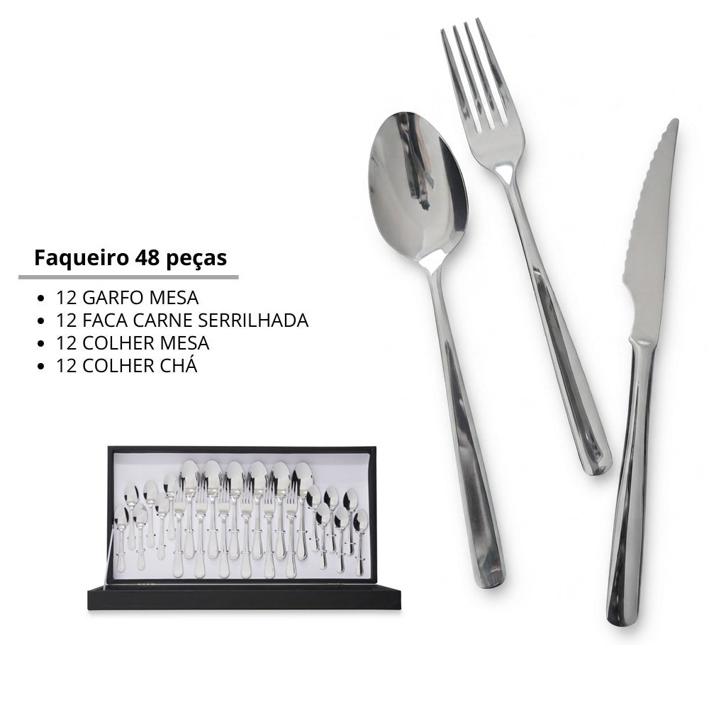 Faqueiro inox 48 peças faca de serra Stuttgart - Cristema Nefer