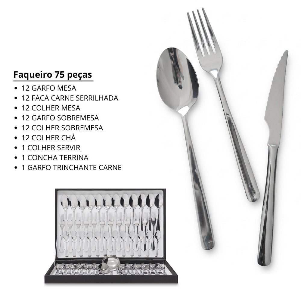 Faqueiro inox 75 peças faca de serra Stuttgart - Cristema Nefer