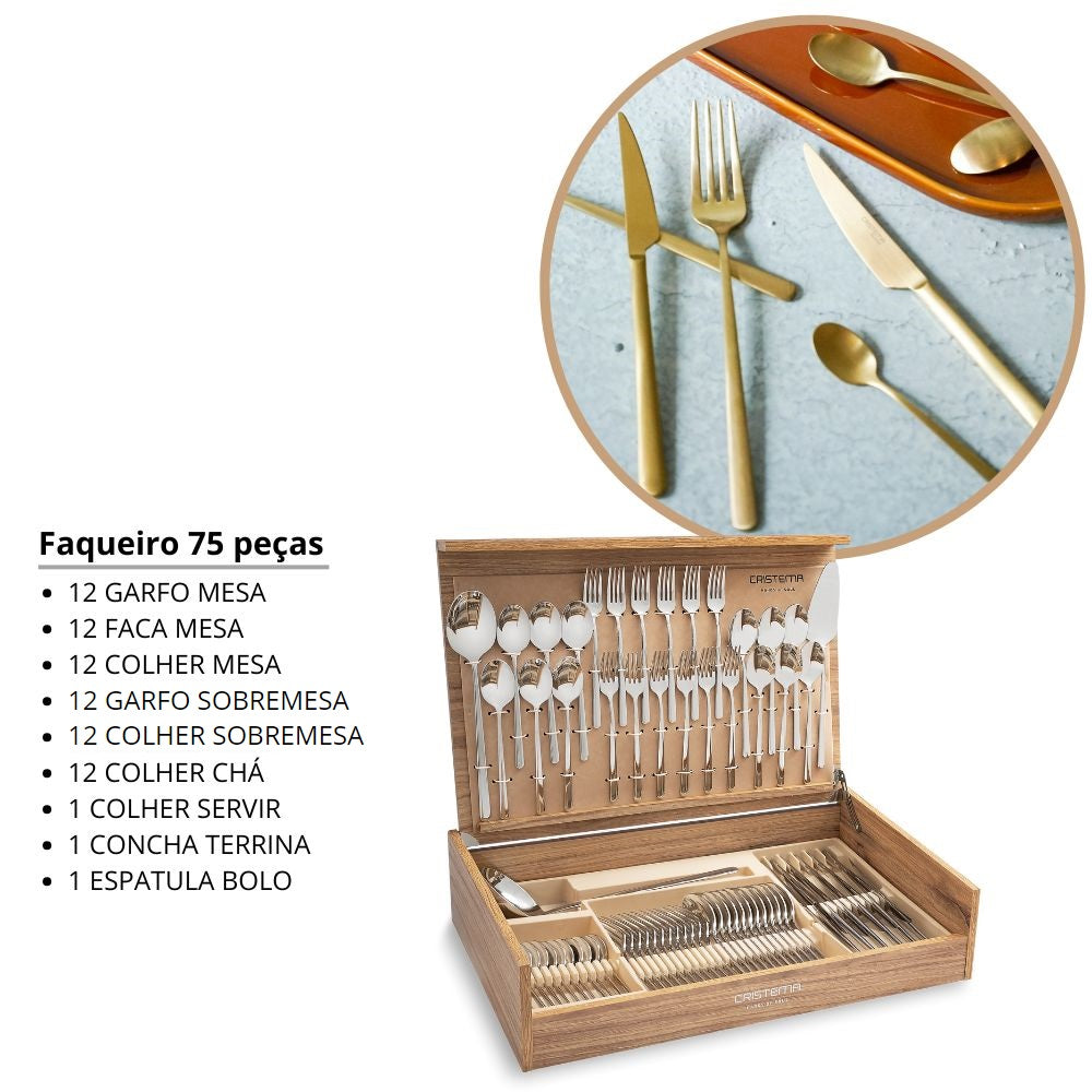 Faqueiro 75 peças Dourado matte Tokyo Cristema