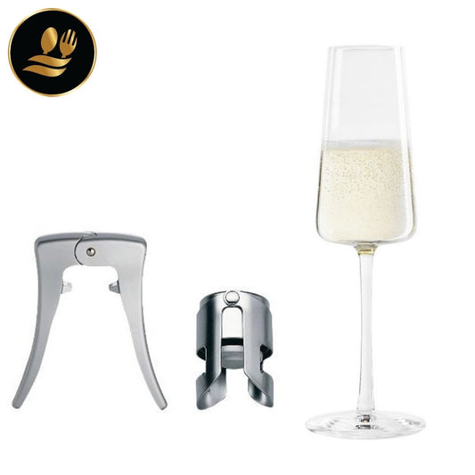 Conjunto flutes de champanhe, saca rolhas e rolha para champanhe