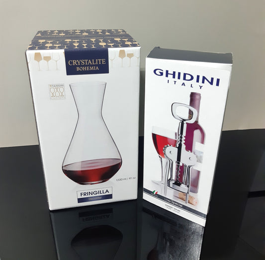 Conjunto decanter de vinho e saca rolhas de asas cromado